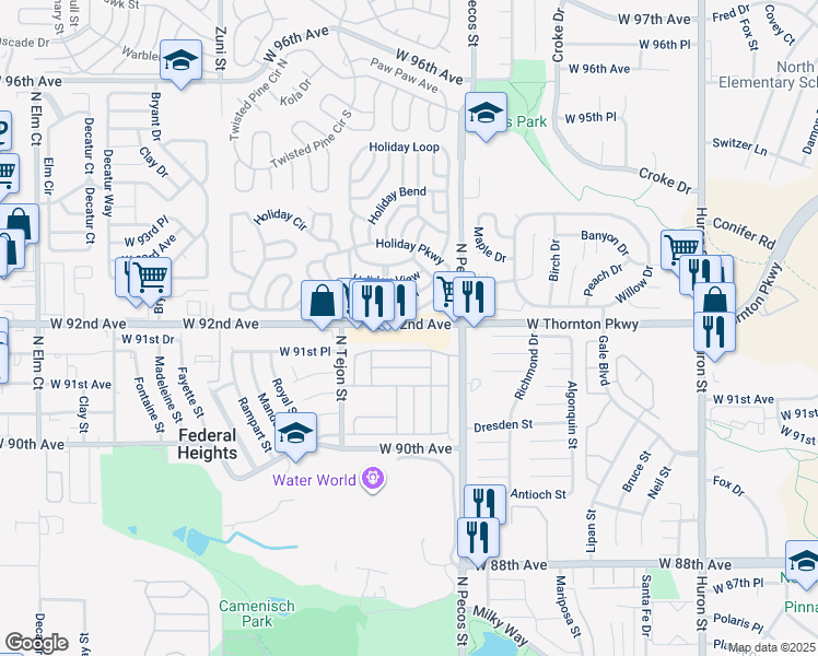 map of restaurants, bars, coffee shops, grocery stores, and more near 1624 Holiday Drive in Federal Heights