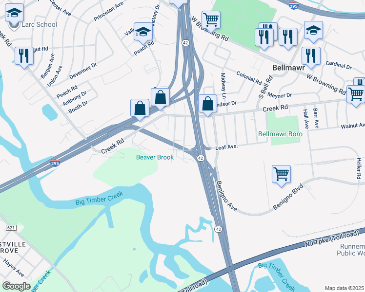 map of restaurants, bars, coffee shops, grocery stores, and more near 42 Harding Avenue in Bellmawr