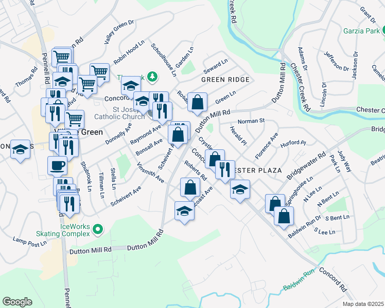 map of restaurants, bars, coffee shops, grocery stores, and more near 3131 Concord Road in Aston