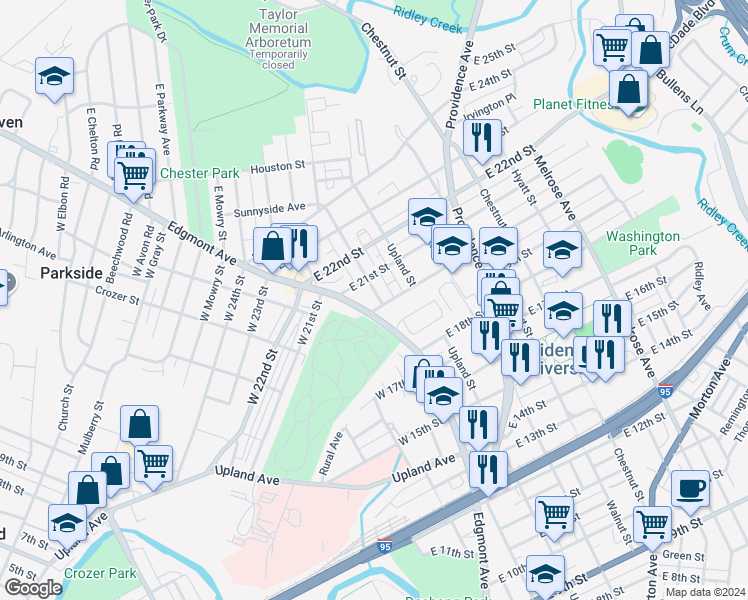 map of restaurants, bars, coffee shops, grocery stores, and more near 2006 Madison Street in Chester