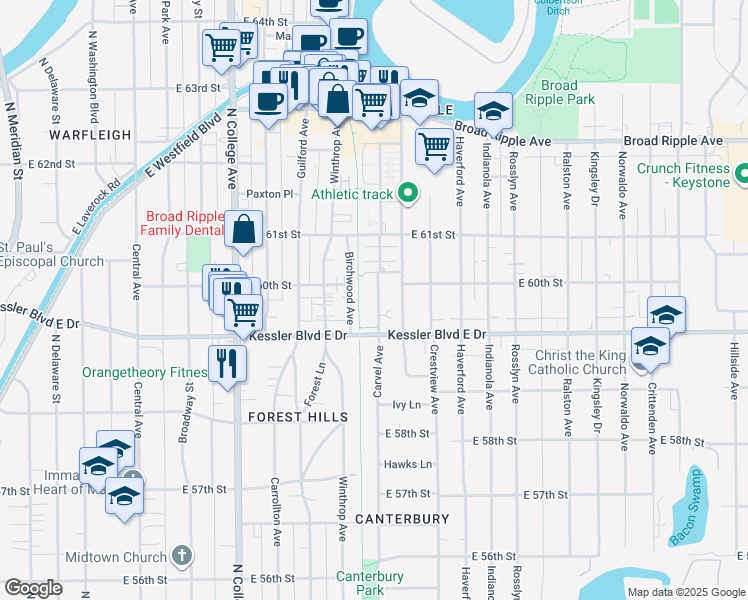 map of restaurants, bars, coffee shops, grocery stores, and more near 5934 Carvel Avenue in Indianapolis