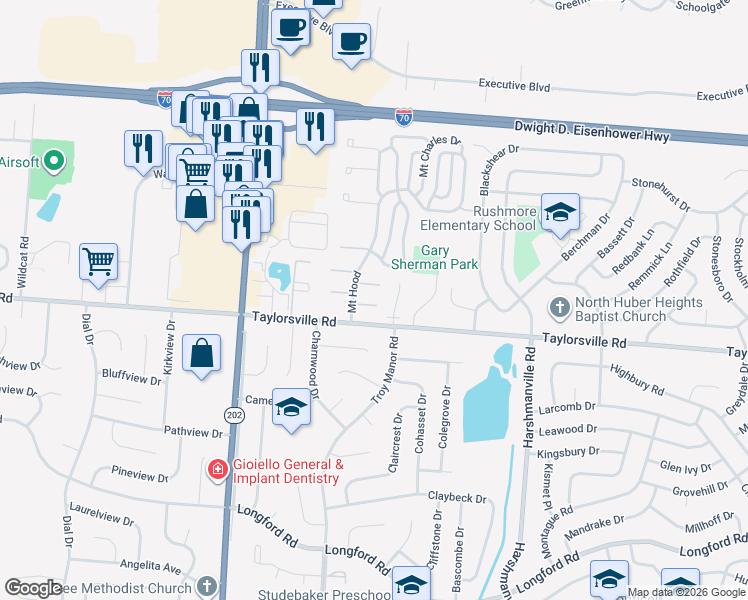 map of restaurants, bars, coffee shops, grocery stores, and more near 7616 Mount Hood in Dayton