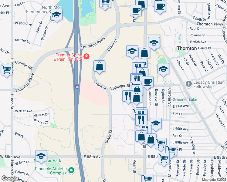 map of restaurants, bars, coffee shops, grocery stores, and more near 457 Eppinger Boulevard in Thornton