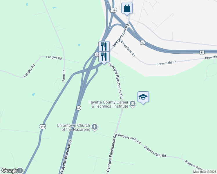 map of restaurants, bars, coffee shops, grocery stores, and more near 140 Georges Fairchance Road in Uniontown