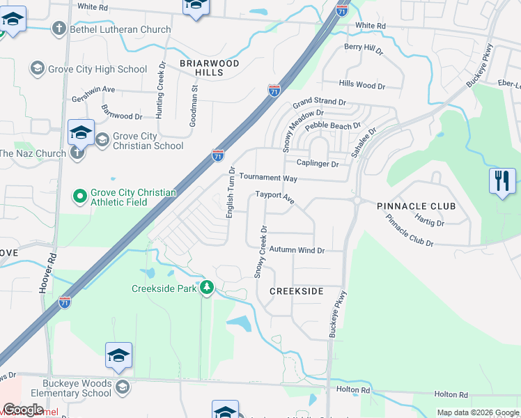 map of restaurants, bars, coffee shops, grocery stores, and more near 4855 Snowy Creek Drive in Grove City