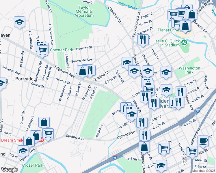 map of restaurants, bars, coffee shops, grocery stores, and more near 2017 Edgmont Avenue in Chester