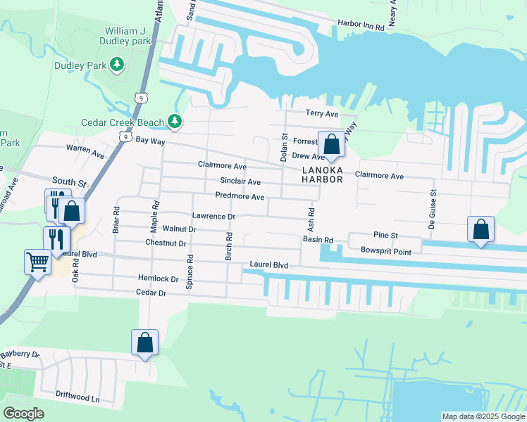 map of restaurants, bars, coffee shops, grocery stores, and more near 324 Predmore Avenue in Lacey Township