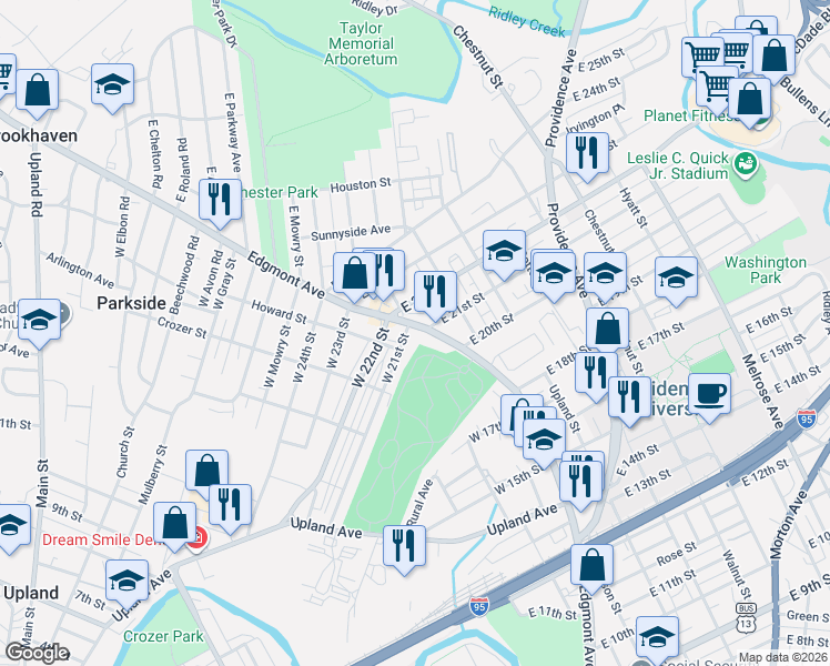 map of restaurants, bars, coffee shops, grocery stores, and more near 7 West 21st Street in Chester