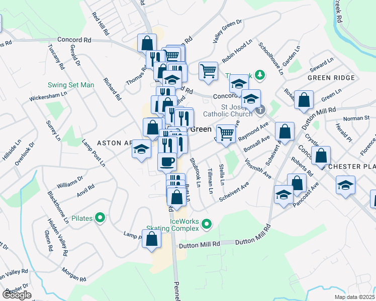 map of restaurants, bars, coffee shops, grocery stores, and more near 303 Shubrook Lane in Village Green