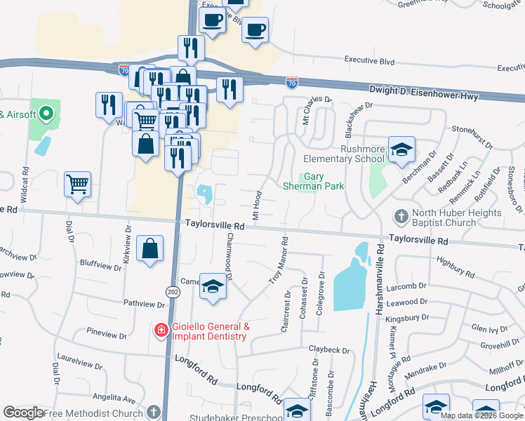 map of restaurants, bars, coffee shops, grocery stores, and more near 7579 Mount Hood in Dayton
