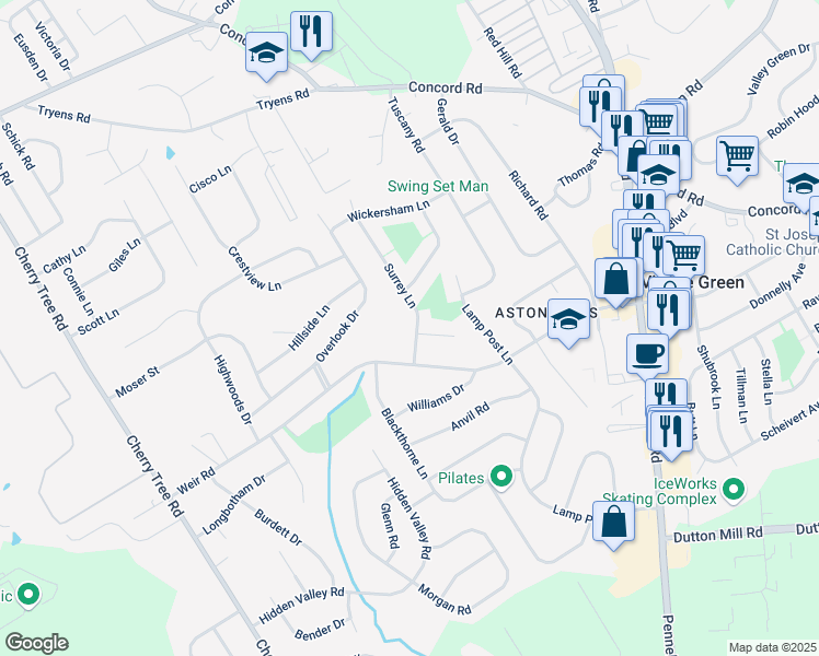 map of restaurants, bars, coffee shops, grocery stores, and more near 3144 Surrey Lane in Aston
