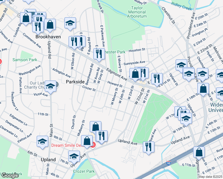 map of restaurants, bars, coffee shops, grocery stores, and more near 106 West Elkinton Avenue in Chester