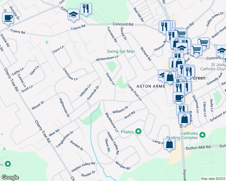 map of restaurants, bars, coffee shops, grocery stores, and more near 3144 Surrey Lane in Aston