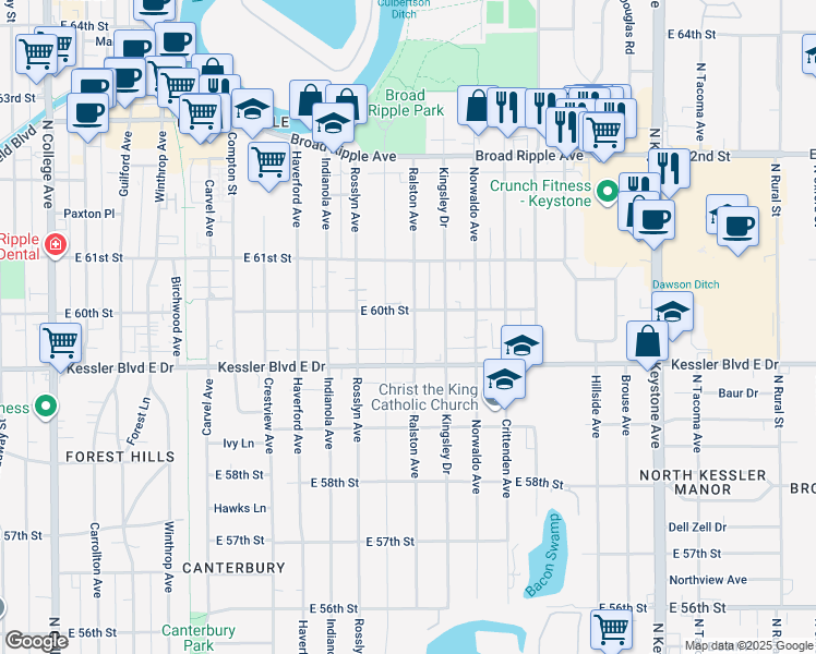 map of restaurants, bars, coffee shops, grocery stores, and more near 5940 Ralston Avenue in Indianapolis