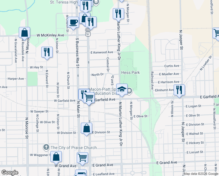 map of restaurants, bars, coffee shops, grocery stores, and more near East Drive in Decatur