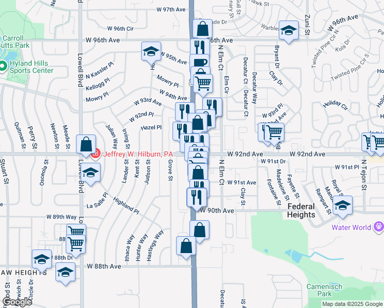 map of restaurants, bars, coffee shops, grocery stores, and more near Federal Blvd & W 92nd Ave in Westminster