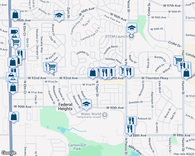 map of restaurants, bars, coffee shops, grocery stores, and more near 474 Holiday Drive in Federal Heights