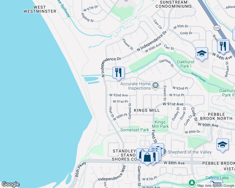 map of restaurants, bars, coffee shops, grocery stores, and more near 9218 Holland Court in Westminster