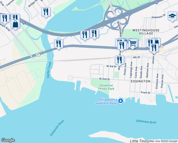 map of restaurants, bars, coffee shops, grocery stores, and more near 502b Corinthian Avenue in Tinicum Township
