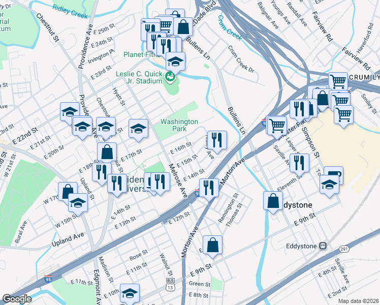 map of restaurants, bars, coffee shops, grocery stores, and more near 911 East 16th Street in Chester