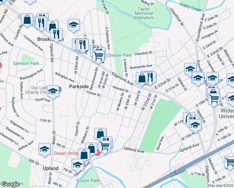map of restaurants, bars, coffee shops, grocery stores, and more near 106 West Elkinton Avenue in Chester