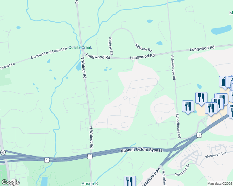 map of restaurants, bars, coffee shops, grocery stores, and more near 532 North Walnut Road in Kennett Square