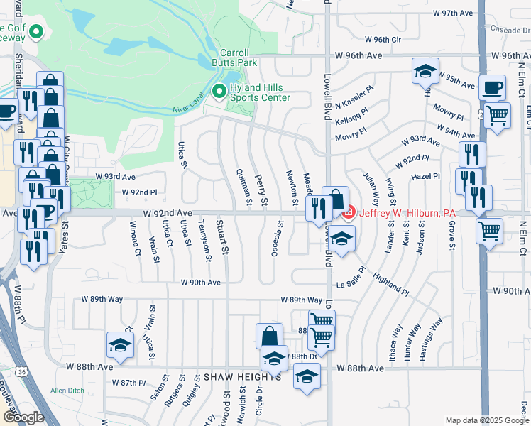 map of restaurants, bars, coffee shops, grocery stores, and more near Perry St & W 92nd Ave in Westminster