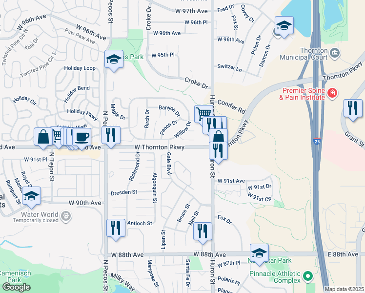 map of restaurants, bars, coffee shops, grocery stores, and more near 1201 Thornton Parkway in Denver