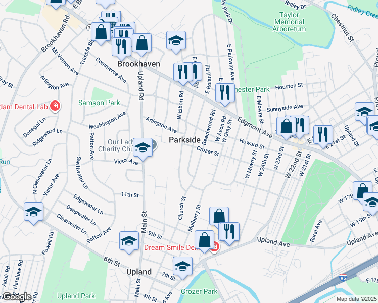 map of restaurants, bars, coffee shops, grocery stores, and more near 208 West Roland Road in Brookhaven