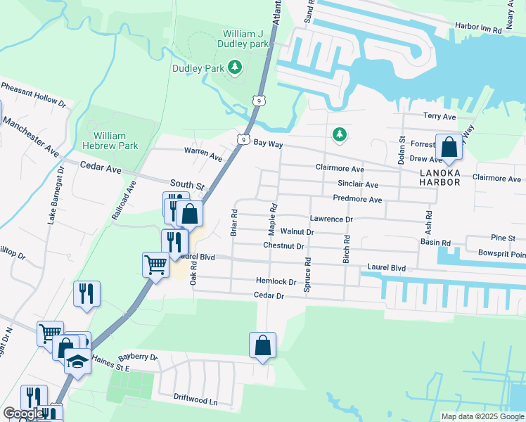 map of restaurants, bars, coffee shops, grocery stores, and more near 110 Lawrence Drive in Lacey Township