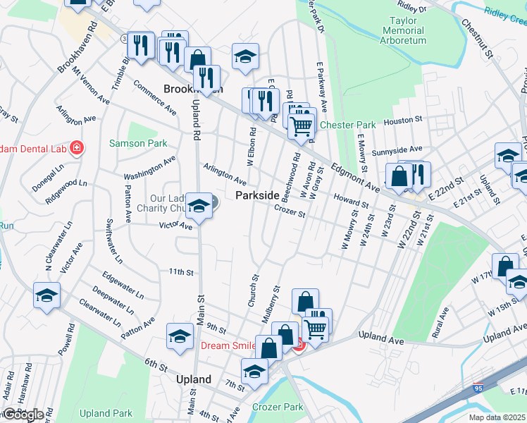 map of restaurants, bars, coffee shops, grocery stores, and more near 208 West Roland Road in Brookhaven