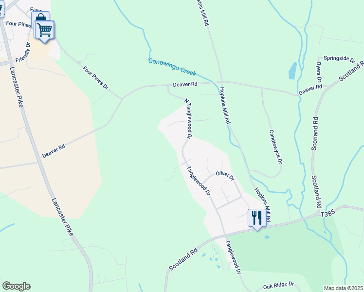 map of restaurants, bars, coffee shops, grocery stores, and more near 172 North Tanglewood Drive in Quarryville