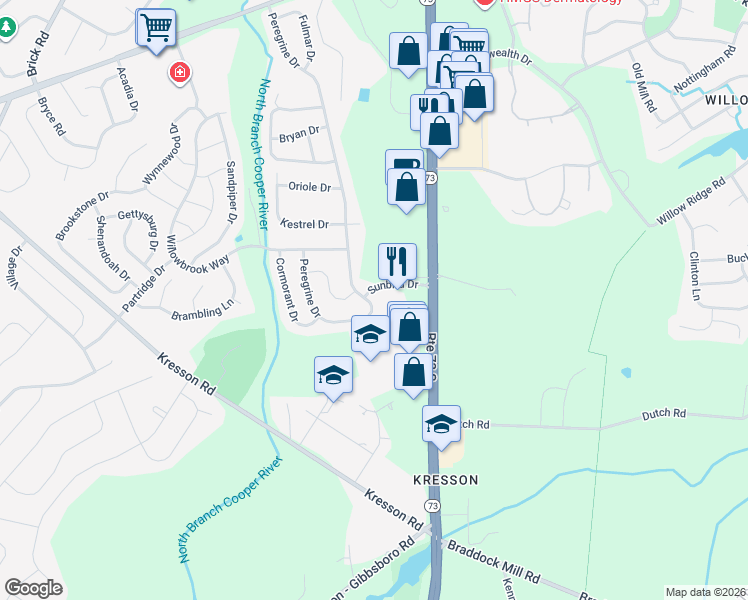 map of restaurants, bars, coffee shops, grocery stores, and more near 130 Peregrine Drive in Voorhees Township