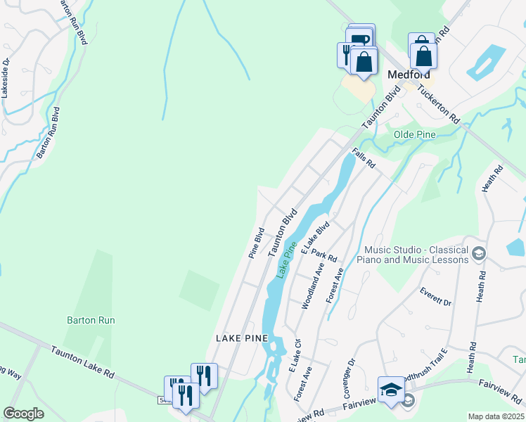 map of restaurants, bars, coffee shops, grocery stores, and more near 215 Pine Boulevard in Medford