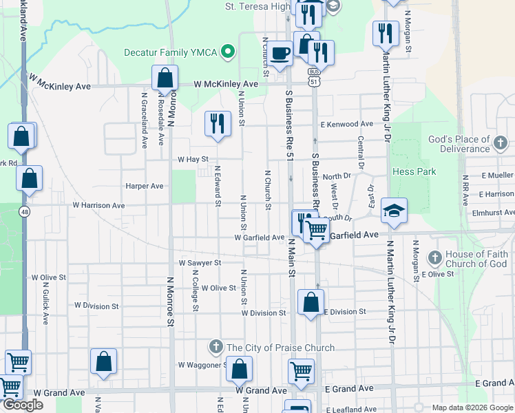 map of restaurants, bars, coffee shops, grocery stores, and more near 2100-2188 N Union St in Decatur
