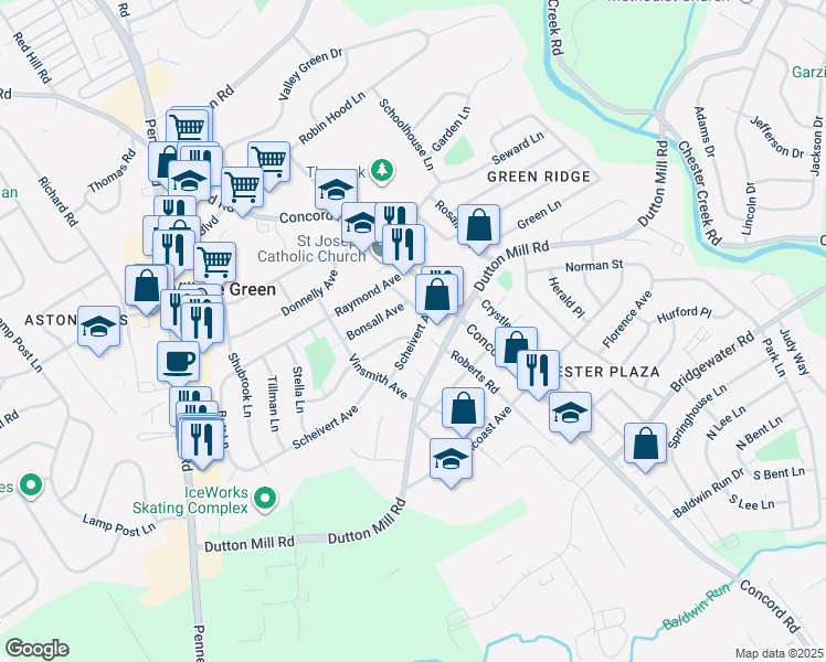 map of restaurants, bars, coffee shops, grocery stores, and more near 105 Scheivert Avenue in Aston