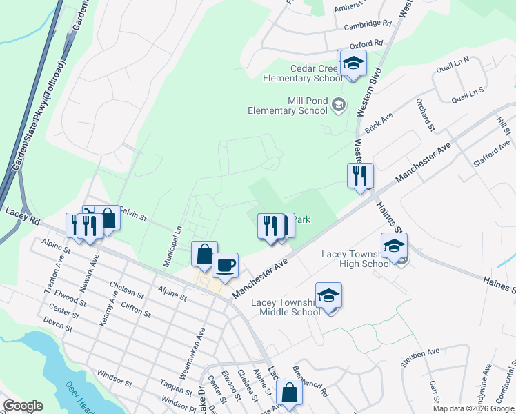 map of restaurants, bars, coffee shops, grocery stores, and more near Bob Court Lane in Lacey Township