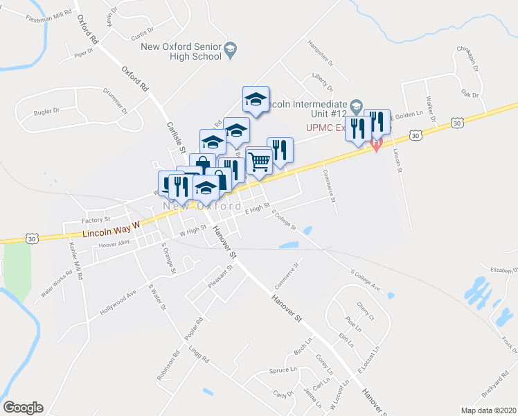 map of restaurants, bars, coffee shops, grocery stores, and more near 119 East High Street in New Oxford