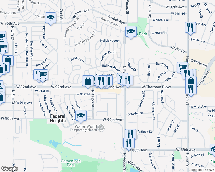 map of restaurants, bars, coffee shops, grocery stores, and more near 42 Holiday Boulevard in Federal Heights