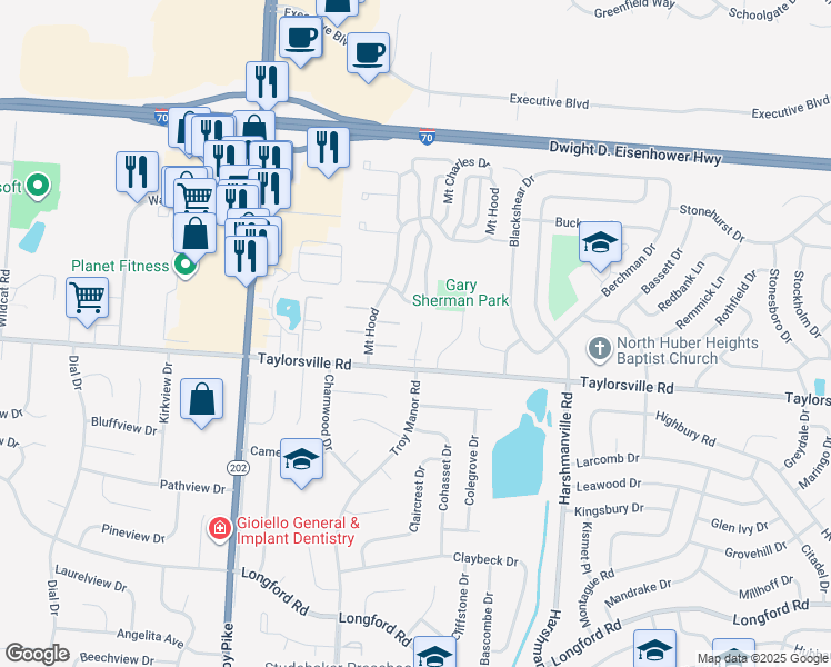 map of restaurants, bars, coffee shops, grocery stores, and more near 7616 Mount Hood in Dayton