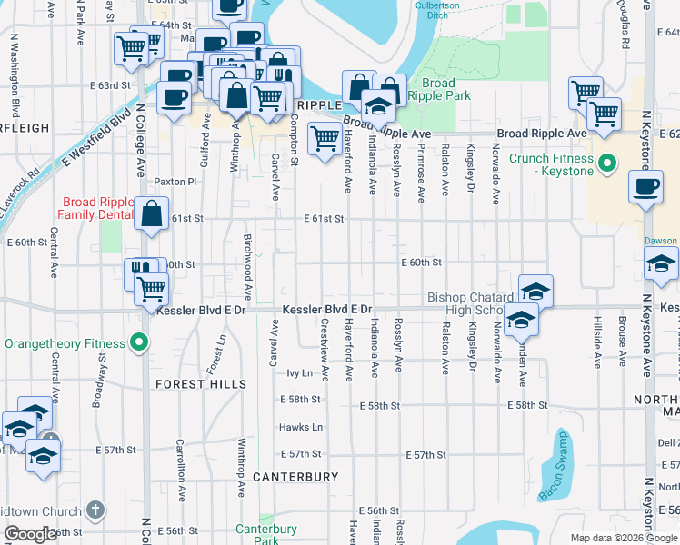 map of restaurants, bars, coffee shops, grocery stores, and more near 6001 Crestview Avenue in Indianapolis