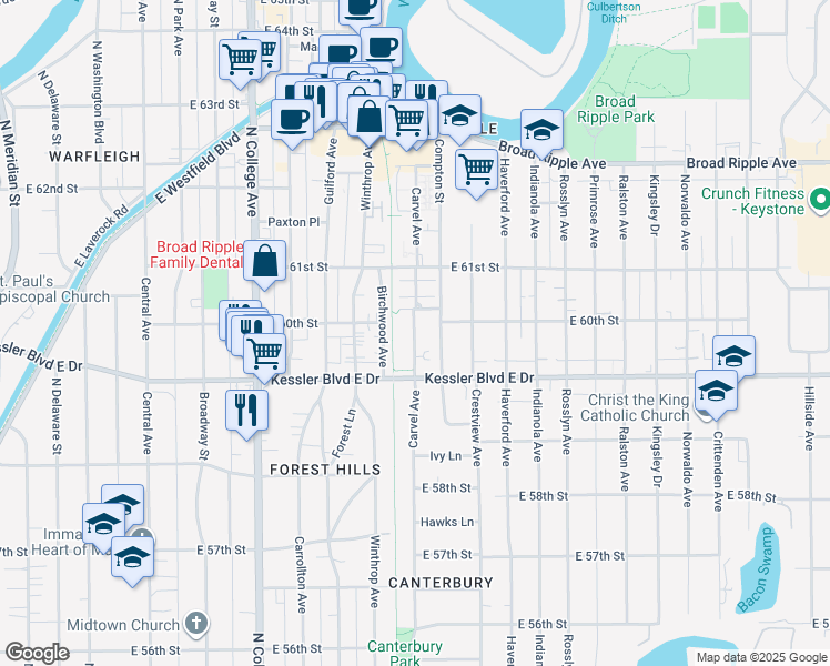 map of restaurants, bars, coffee shops, grocery stores, and more near 1011 Chatfield Drive in Indianapolis