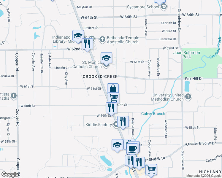 map of restaurants, bars, coffee shops, grocery stores, and more near 6107 Michigan Road in Indianapolis