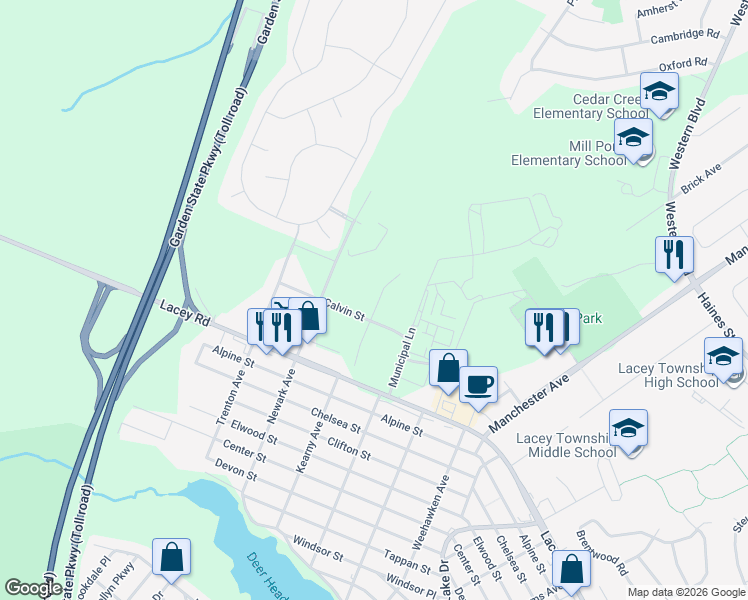 map of restaurants, bars, coffee shops, grocery stores, and more near 900 Gary Smith Way in Lacey Township
