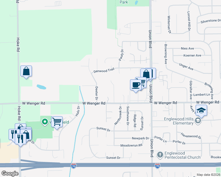 map of restaurants, bars, coffee shops, grocery stores, and more near 114 Deeter Dr in Clayton