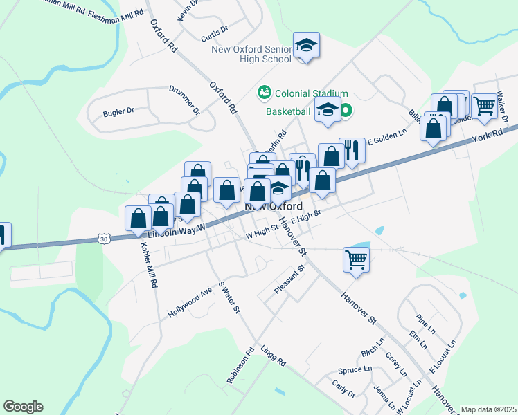 map of restaurants, bars, coffee shops, grocery stores, and more near in New Oxford