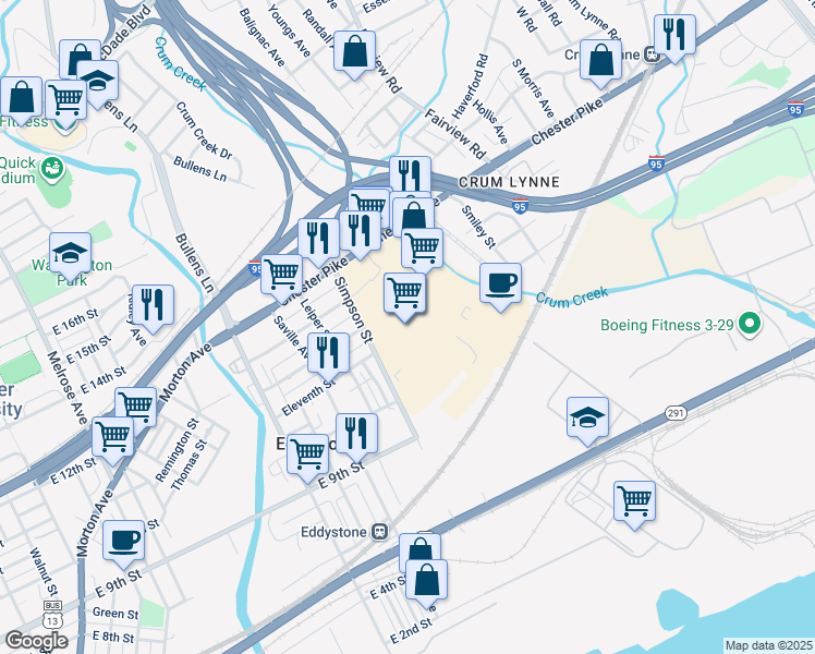 map of restaurants, bars, coffee shops, grocery stores, and more near 1570 Chester Pike in Crum Lynne