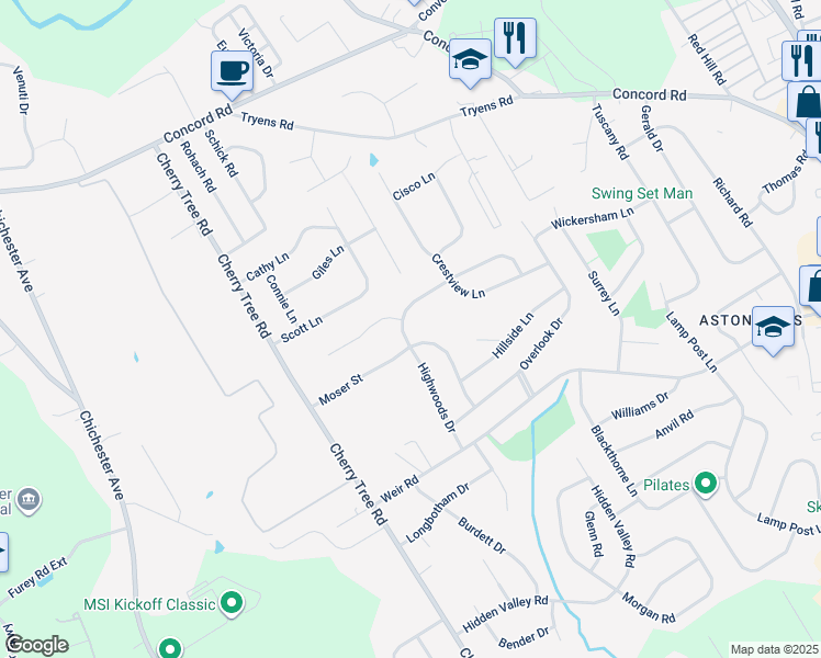 map of restaurants, bars, coffee shops, grocery stores, and more near 2225 Clearview Lane in Aston