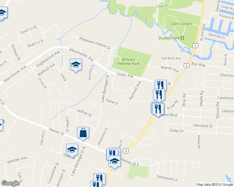 map of restaurants, bars, coffee shops, grocery stores, and more near 505 Dugout Drive in Lacey Township