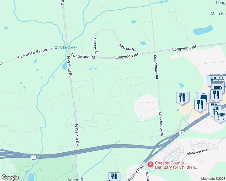 map of restaurants, bars, coffee shops, grocery stores, and more near 677 Cascade Way in Kennett Square